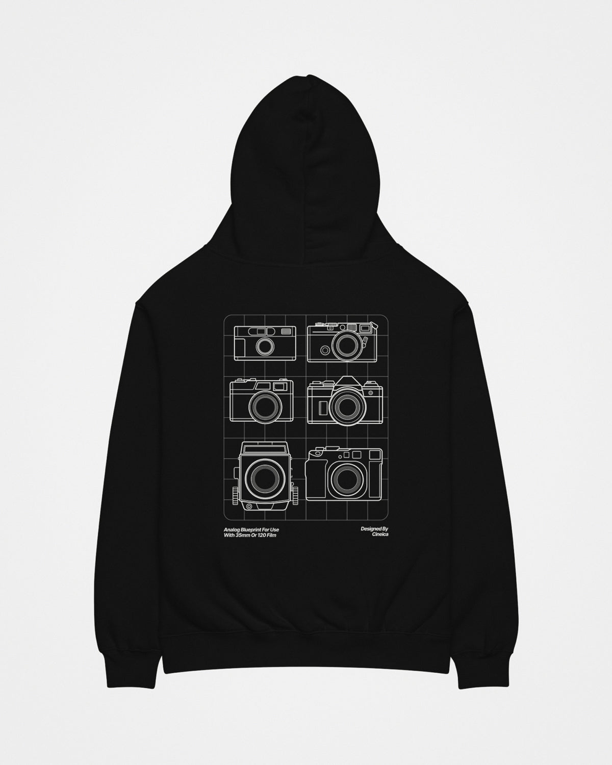 Back of a black hoodie with white design featuring six film cameras in a blueprint style.