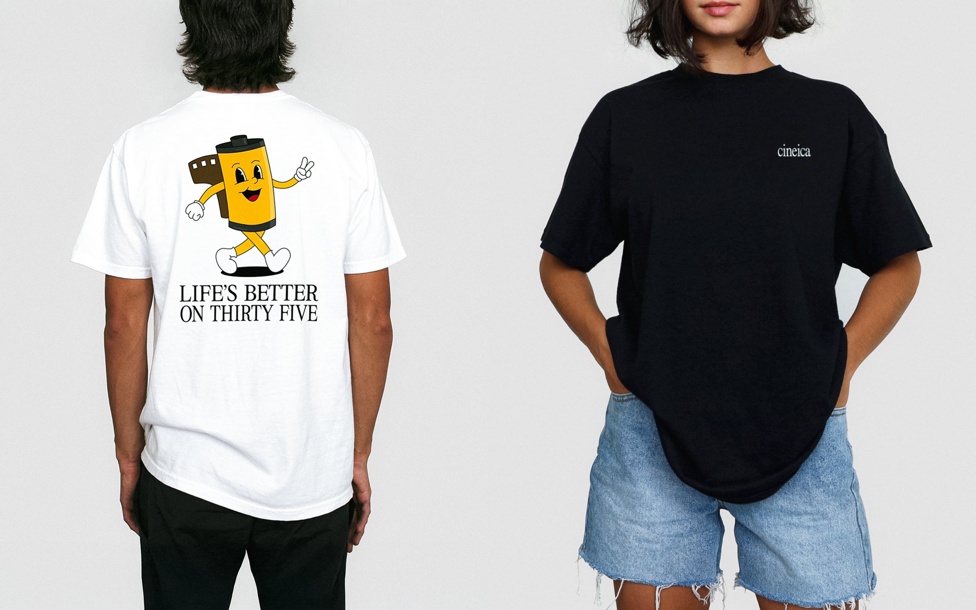 Photo of a man and woman wearing cineica t-shirts. The man is wearing a white "Life's Better On 35mm Tee" and the woman is wearing a black cineica logo tee.