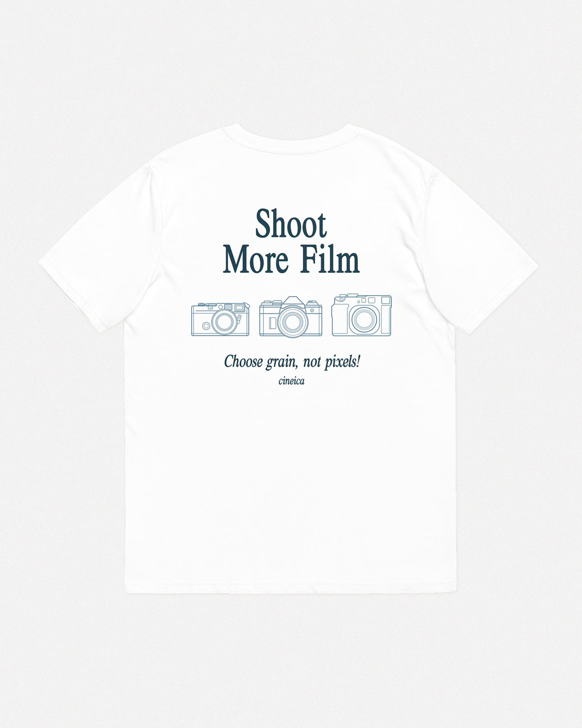 Back of Shoot More Film T-Shirt featuring three vintage camera illustrations and the phrase “Choose grain, not pixels” – film photography tee by cineica.