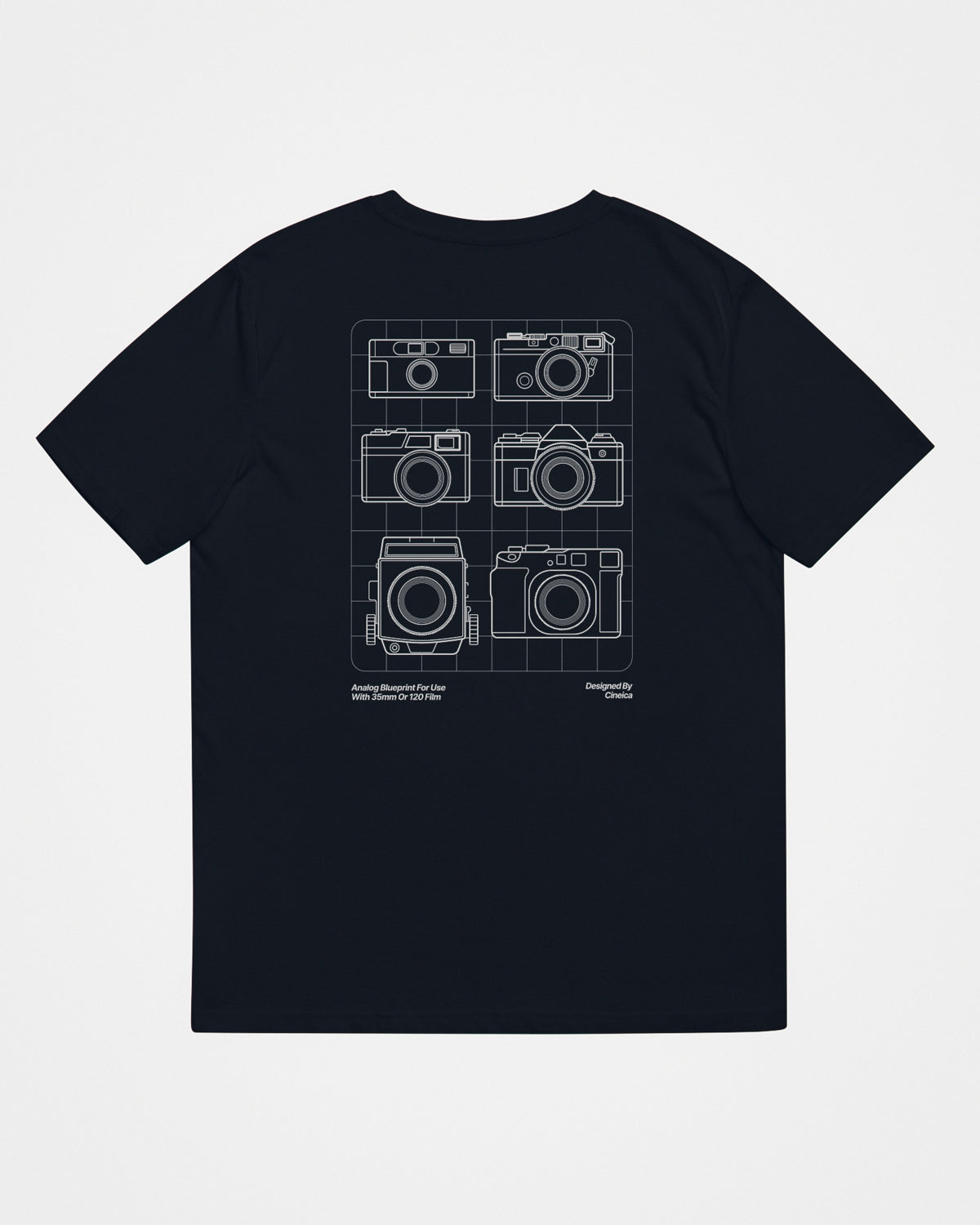 Back of a navy t-shirt with a film photography camera design.
