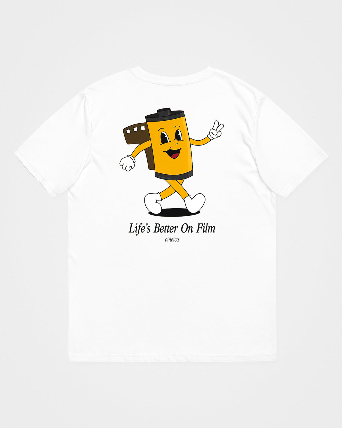 Back of a white t-shirt with a 35mm film canister cartoon character and the text "Life's Better On Film".