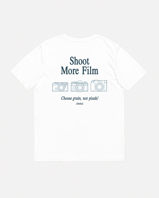 Back of Shoot More Film T-Shirt featuring three vintage camera illustrations and the phrase “Choose grain, not pixels” – film photography tee by cineica.