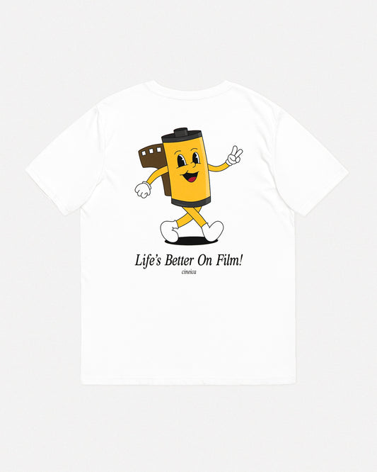 White t-shirt with illustrated 35mm film roll character and ‘Life’s Better On Film!’ text on the back.