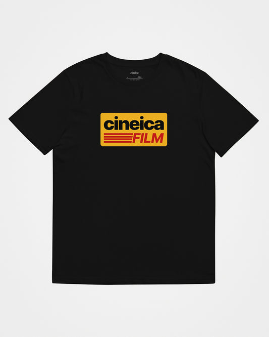 A black film photography t-shirt with vintage Kodak-styled graphic and text "cineica FILM".