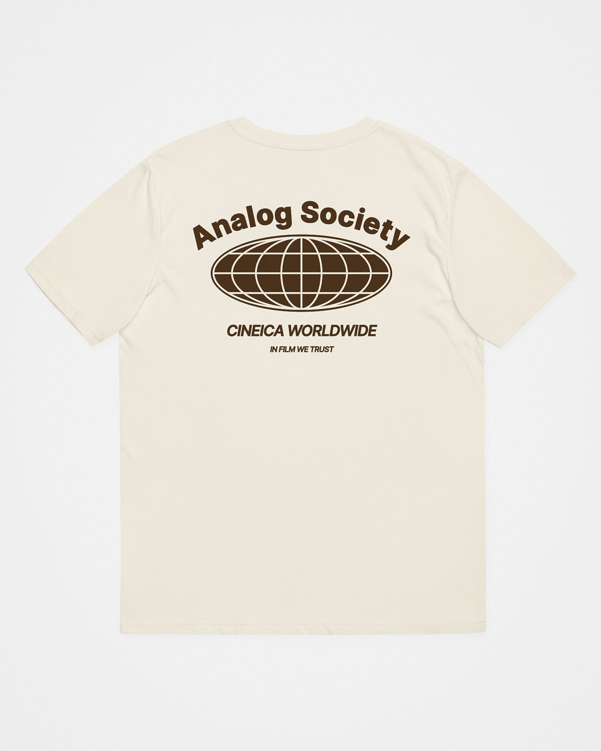 Natural beige t-shirt back with analog photography design featuring text "Analog Society", "CINEICA WORLDWIDE", and "IN FILM WE TRUST".