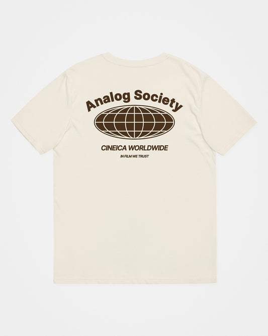 Natural beige t-shirt back with analog photography design featuring text "Analog Society", "CINEICA WORLDWIDE", and "IN FILM WE TRUST".