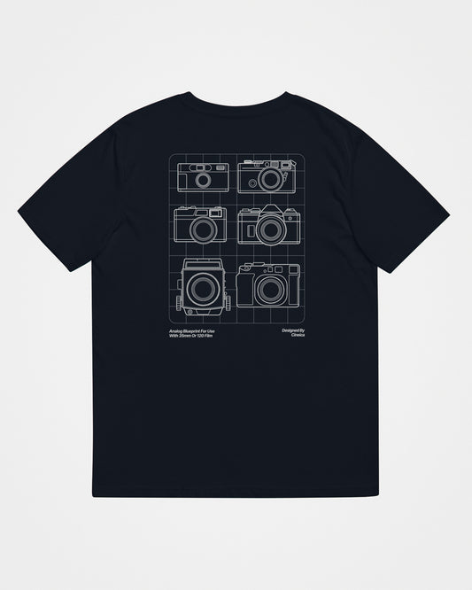 Back of a navy t-shirt with a film photography camera design.