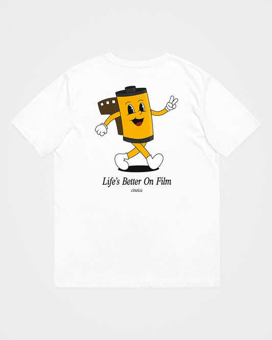 Back of a white t-shirt with a 35mm film canister cartoon character and the text "Life's Better On Film".