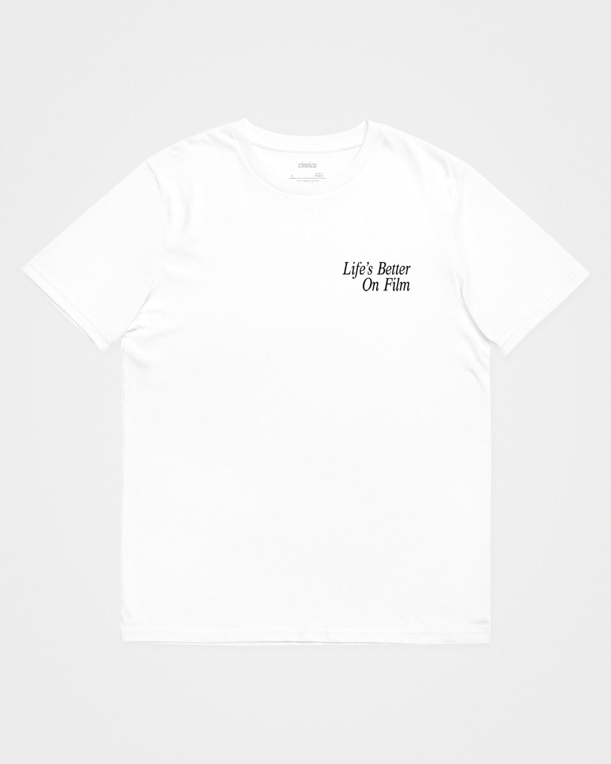 Front of a white t-shirt with the text "Life's Better On Film".