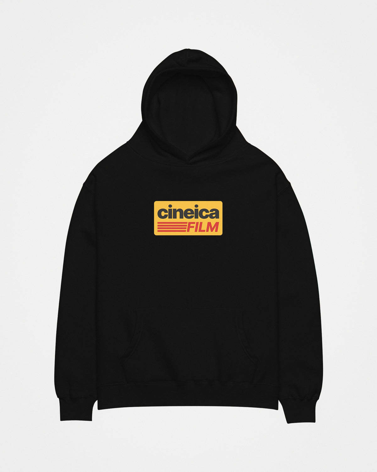 Front of a black relaxed hoodie with a vintage retro design with Kodak Film colors and the text "cineica film".