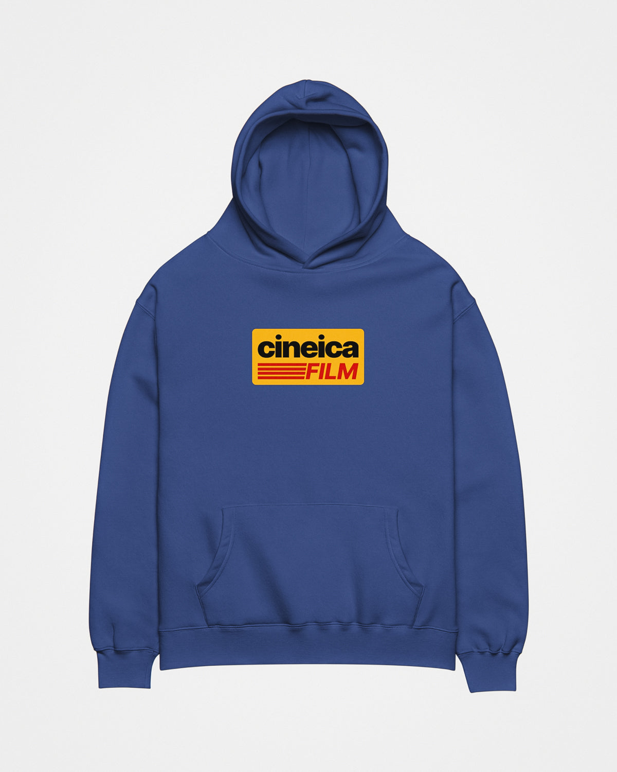 Front of a blue relaxed hoodie with a vintage retro design with Kodak Film colors and the text "cineica film".