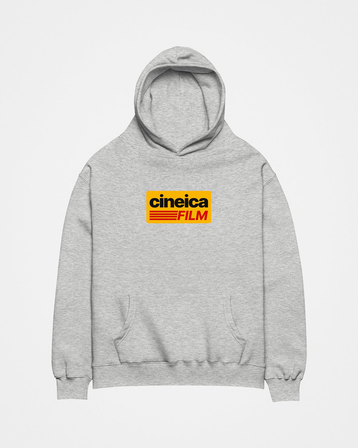 Front of a gray relaxed hoodie with a vintage retro design with Kodak Film colors and the text "cineica film".