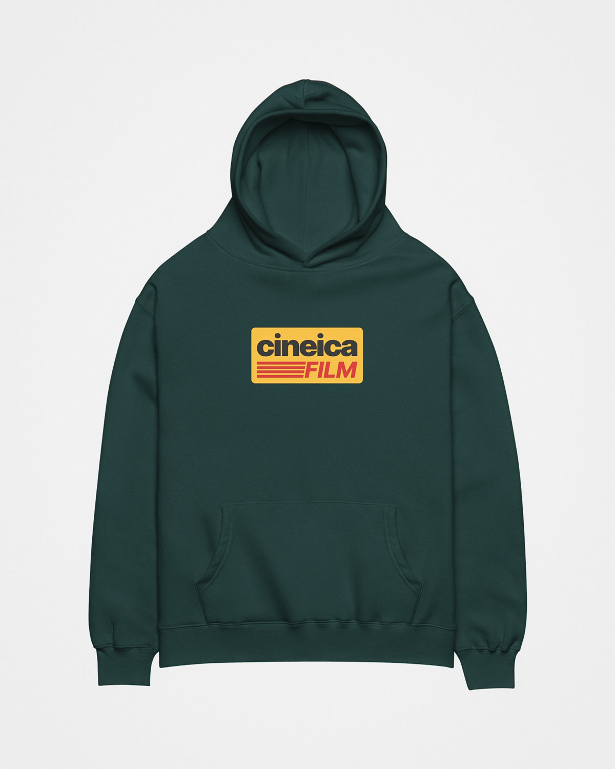 Front of a green relaxed hoodie with a vintage retro design with Kodak Film colors and the text "cineica film".
